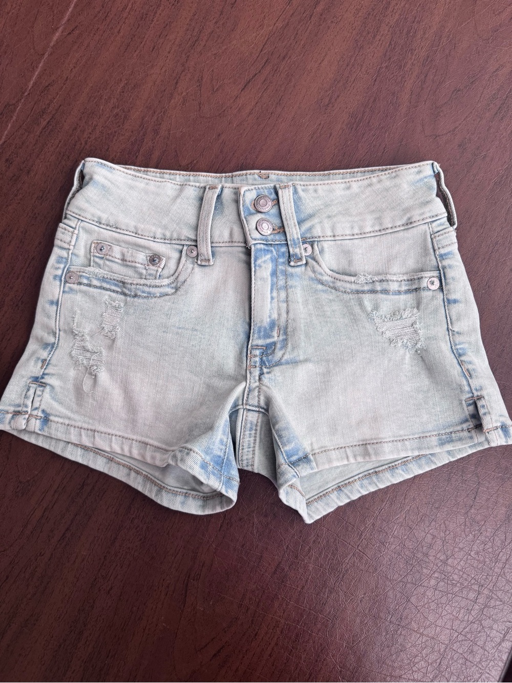 Aeropostale Low Rise Midi Light Blue Distressed Denim Shorts
